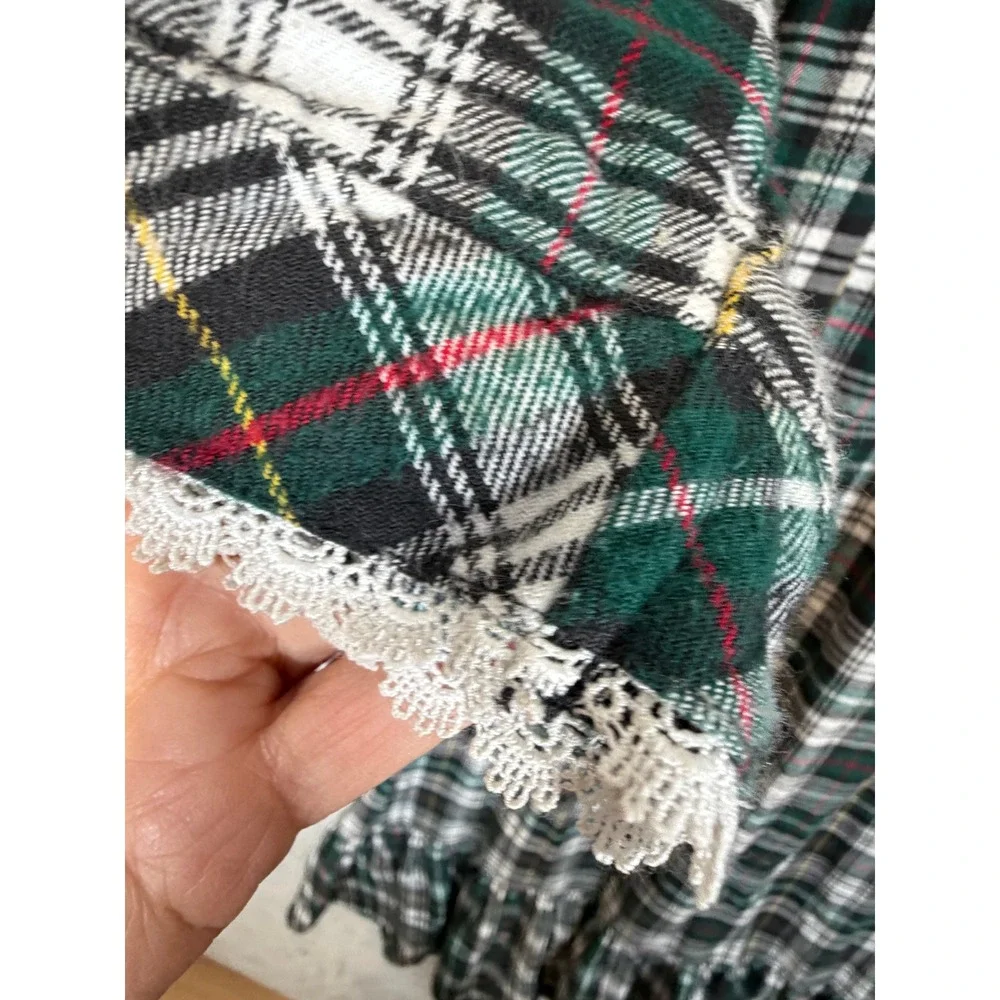 VTG Amanda Stewart Plaid Nightgown Medium Green White Cotton Flannel Lace Trim - Picture 10 of 11